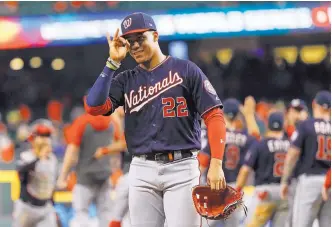  ?? MATT SLOCUM/ASSOCIATED PRESS ?? Juan Soto, the Washington Nationals’ left fielder who turns 21 on Friday, celebrates after their win against the Houston Astros in Game 2 of the World Series.