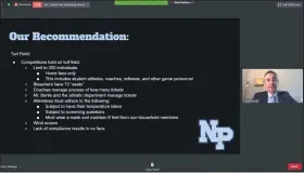  ?? SCREENSHOT OF ONLINE MEETING ?? North Penn Assistant Superinten­dent Todd Bauer outlines proposed return policies for spectators at school sporting events at North Penn High School’s turf field during the school board Safe Schools committee meeting Monday.