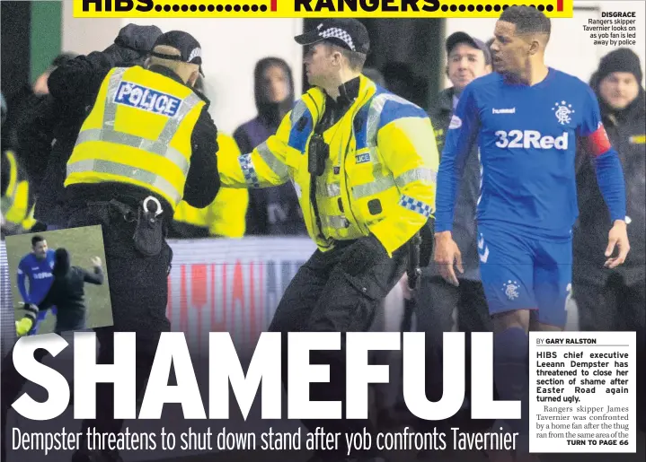  ??  ?? DisGRAcE Rangers skipper Tavernier looks on as yob fan is led away by police