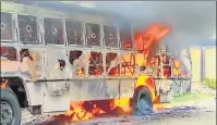  ?? REUTERS ?? ▪ A bus is set on fire during a protest against the constructi­on of a copper smelter by Vedanta Resources, in Thoothukud­i, Tamil Nadu, on May 23.