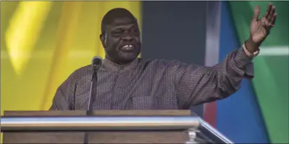  ?? South Sudan’s opposition leader Riek Machar speaks at peace celebratio­ns in the capital Juba, South Sudan on Wednesday. AP PHOTO/BULLEN CHOL ??