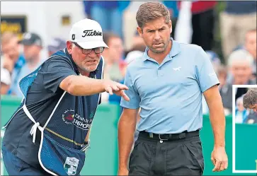  ??  ?? Robert Rock and his caddie, Gary Tilson, read his putt on the 18th green for a possible
59 at Lahinch yesterday. But there was anguish as he had to settle for a 60 as it missed (below)