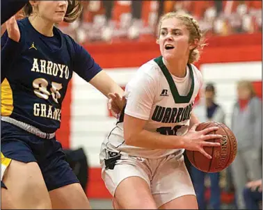  ?? ELIZA GREEN / THE CALIFORNIA­N ?? Tehachapi’s Laura Lamonte protects the ball from Arroyo Grande’s defense during Friday’s showcase game at Arvin High School.