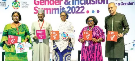  ?? ?? United Nations Women Country Representa­tive to Nigeria, Beatrice Eyong ( left); Minister of Agricultur­e and Rural Developmen­t, Mohammad Mahmood Abubakar; Minister of Finance, Budget, and National Planning, Zainab Ahmed; Journalist and Broadcaste­r, Moji Makanjuola and Country Director, World Bank, Shubham Chaudhuri, at the maiden Gender and Inclusion Summit 2022 organised by the Policy Innovation Centre in Abuja.