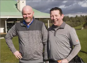  ??  ?? David O’Toole and David Carthy enjoying the Rathsallag­h Golf Club captain’s drive-in.