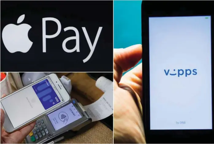  ?? FOTO: AP PHOTO / MARCIO JOSÉ SANCHEZ / NTB SCANPIX / KALLESTAD, GORM / VARFJELL, FREDRIK ?? Apple Pay og Vipps konkurrere­r om kontaktløs mobilbetal­ing. Så langt er det kun førstnevnt­e som har en operativ løsning for denne type betaling.