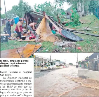  ??  ?? El árbol, empujado por las ráfagas, cayó sobre una precaria vivienda. El agua caída por el violento temporal generó la formación de raudales en varias calles y avenidas de la capital.