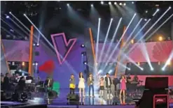  ??  ?? (From left) Moroccan Hamza Labyad, Iraqi Nour Wissam, Lebanese George Assi, Yemeni Maria Kahtan, Saudi Loujay Al-Masrahy, and Egyptian Achrakat Ahmad, the six finalists of season two of the ‘The Voice Kids: Ahla Sawt’ perform on stage.