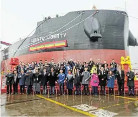  ?? /Wenlong ?? Launch: The Ubuntu Liberty will sail from China to SA on its maiden voyage. In 2022 the shipping industry was responsibl­e for almost 3% of the world’s greenhouse gas emissions.