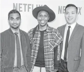  ?? Chris Pizzello / Invision / Associated Press ?? Aziz Ansari, left, the star, writer, director and co-creator of the Netflix series “Master of None,” is sharing the spotlight with others in the series, including Lena Waithe, center, and co-creator/ executive producer Alan Yang.