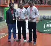  ??  ?? Among those winning special awards at the National Senior Men’s Volleyball Tournament were, from left, Nataniel Rafapa (best attacker), Shaldon Moodley (best setter) and Quwin Naidoo (most valuable player).
