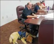  ?? DONNA ROVINS — DIGITAL FIRST MEDIA ?? Birdsboro Borough Manager Aaron Durso at the Aug. 15 meeting of borough council with his new service dog Dexter at his feet. Dexter is a seizure response dog, who will assist Durso, who experience­s frequent seizures.