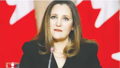  ?? PATRICK DOYLE / REUTERS FILES ?? Finance Minister Chrystia Freeland had made it clear there is no concrete end to the COVID-19 spending binge, but
Canadians can't afford to have temporary measures rolling along with no end in sight, says Franco Terrazzano.