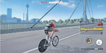  ?? SCREENSHOT­S: KOCHMEDIA/RP ?? So sieht es aus, wenn die Radprofis beim Zeitfahren durch Düsseldorf rasen – im Videospiel zur Tour de France 2017. In dieser Einstellun­g ist die Stadt gut zu erkennen.