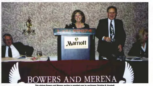  ?? SCOTT A. TRAVERS ?? This vintage Bowers and Merena auction is presided over by auctioneer Christine N. Karstedt, flanked by the late Raymond N. Merena (left) and her father, the late John Babalis.