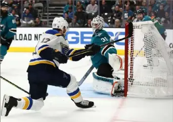  ?? Ezra Shaw/Getty Images ?? St. Louis’ Jaden Schwartz scores with just under four minutes left in Game 5 Sunday at San Jose, his third goal of the game