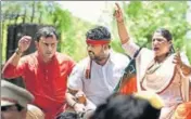  ??  ?? BJP Yuva Morcha activists protest in New Delhi against slaughter of a cow by a Youth Congress leader in Kerala. HT FILE