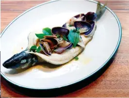  ??  ?? Right: whiting with pipis and sea herbs. Below: sheep's milk yoghurt semifreddo with pistachio and orange.