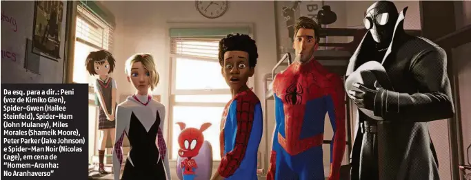  ?? Divulgação ?? Da esq. para a dir.: Peni (voz de Kimiko Glen), Spider-gwen (Hailee Steinfeld), Spider-ham (John Mulaney), Miles Morales (Shameik Moore), Peter Parker (Jake Johnson) e Spider-man Noir (Nicolas Cage), em cena de “Homem-aranha: No Aranhavers­o”