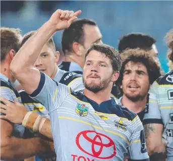  ?? READY: Lachlan Coote of the Cowboys celebrates during his team’s incredible finals run. ??