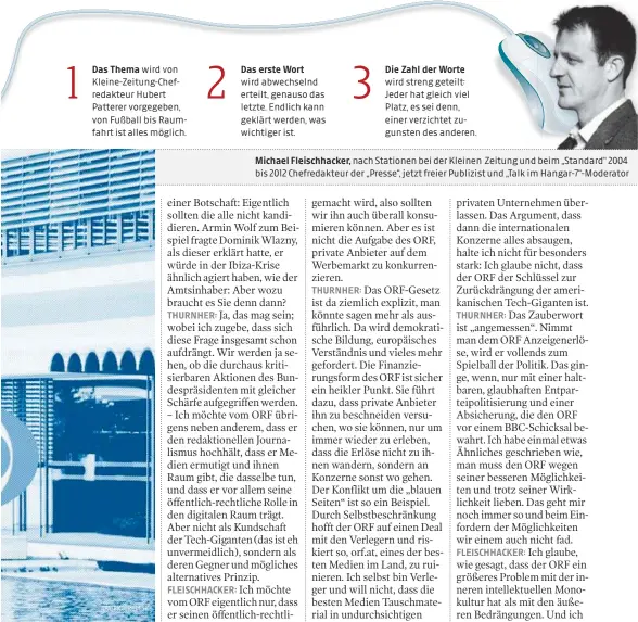  ?? ?? Michael Fleischhac­ker, nach Stationen bei der Kleinen Zeitung und beim „Standard“2004 bis 2012 Chefredakt­eur der „Presse“, jetzt freier Publizist und „Talk im Hangar-7“-Moderator