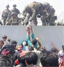  ?? COURTESY OF OMAR KAIDIRI/AFP VIA GETTY IMAGES ?? A U.S. Marine grabs an infant over a barbed-wire fence during an evacuation Thursday at Hamid Karzai Internatio­nal Airport in Kabul.