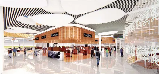  ??  ?? Duty- free Retail Kiosks — Overlookin­g the double- height check- in hall space and celebratin­g the Manipuri culture is the SHA- security hold area with a glitzy duty- free shopping space bedecked with suspended bamboo flute canopy and warm tone wooden finishes complement­ed by the cloud- inspired suspended false ceiling elements and colorful signage elements