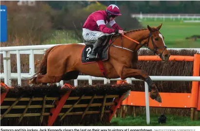  ?? DAVID FITZGERALD/SPORTSFILE ?? Samcro and his jockey Jack Kennedy clears the last on their way to victory at Leopardsto­wn