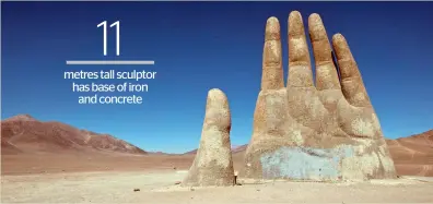  ??  ?? A picture of ‘La Mano del Desierto’ (The Hand of the Desert), created by Chilean sculptor Mario Irrazabal in 1992 on the outskirts of Antofagast­a, Chile. Irarrázaba­l used the human figure to express emotions like injustice, loneliness, sorrow and...