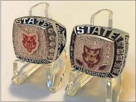  ?? Courtesy of Bryant Wilkinson ?? Bryant Wilkinson’s two state champion rings. On the left is his wrestling championsh­ip ring won in February of this year. On the right is his football state champions ring from 2017.