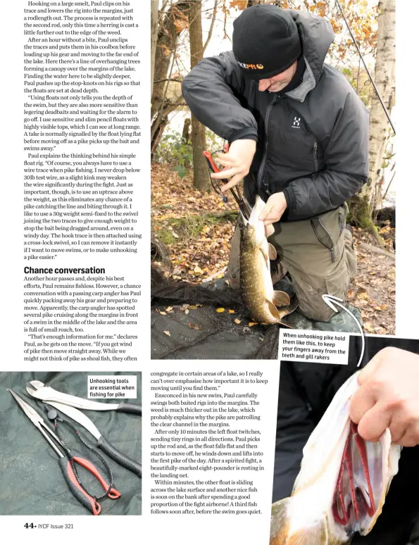  ??  ?? Unhooking tools are essential when fishing for pike When unhooking pike hold them like this, to keep your fingersawa fingers away from the teeth and gill rak rakers