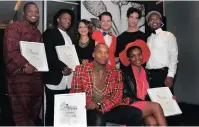  ?? Picture: John Hogg ?? TOPS: Winners of the Arts & Culture Trust Awards 2016 are back from left, Mkhululi Mabija, Sunnyboy Motau, Distell sponsors Simone Benjamin and Gerhard Claasen, Jody Paulsen, Distell’s Rupert Hermanus. In fromt are Chepape Makgato and Thandi Ntuli.