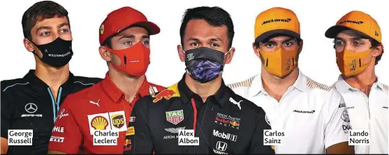  ??  ?? George Russell
Charles Leclerc
Alex Albon
Carlos Sainz
Lando Norris