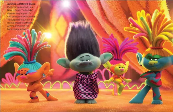  ??  ?? Jamming to Different Drums:
Poppy (Anna Kendrick) and Branch (Justin Timberlake) discover they’re part of a vast network of music-loving Trolls spread out across six lands devoted to different genres of music in the high-energy sequel.