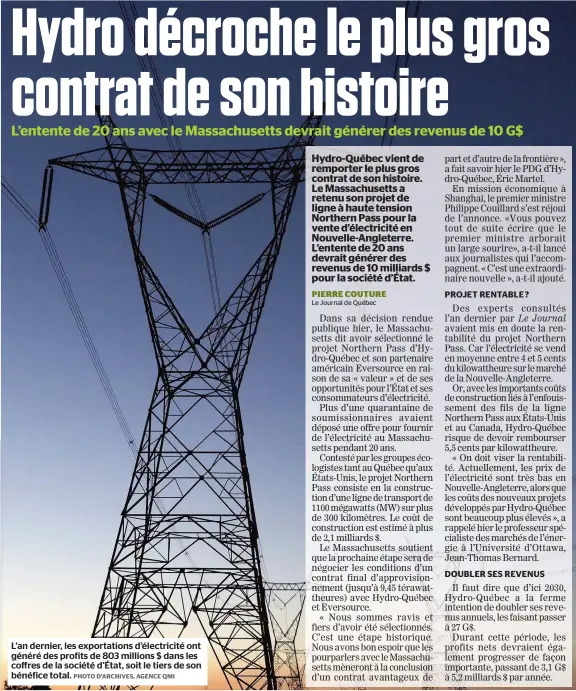  ?? PHOTO D’ARCHIVES, AGENCE QMI ?? L’an dernier, les exportatio­ns d’électricit­é ont généré des profits de 803 millions $ dans les coffres de la société d’état, soit le tiers de son bénéfice total.