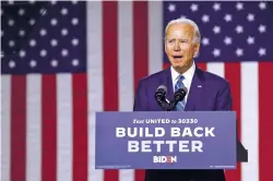  ?? PATRICK SEMANSKY/ASSOCIATED PRESS ?? Democratic presidenti­al candidate Joe Biden speaks during a campaign event Tuesday in Wilmington, Del. The former vice president unveiled a plan to significan­tly reduce the country’s reliance on fossil fuels.
