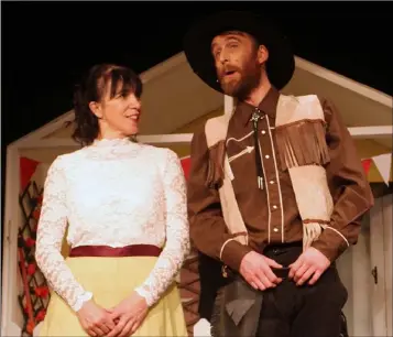  ??  ?? In rehearsal for Rathangan Variety Group’s production of ‘Oklahoma!’ in Rathangan Hall were Noeleen Jones as Ado Annie and Brian Mullen as Will.