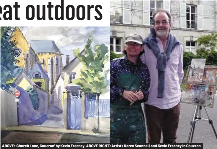  ??  ?? ABOVE: ‘Church Lane, Coueron’ by Kevin Freeney. ABOVE RIGHT: Artists Karen Scannell and Kevin Freeney in Coueron