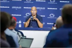  ?? JOE HERMITT — THE ASSOCIATED PRESS ?? Penn State head coach James Franklin answers questions during the team’s annual media day in State College, Pa., Saturday.