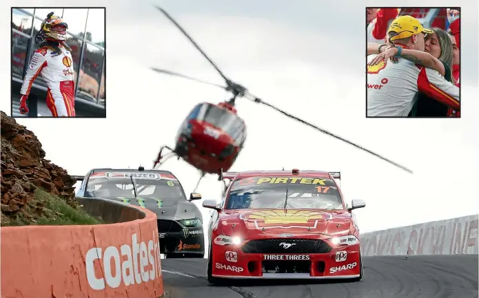  ?? GETTY IMAGES ?? Scott McLaughlin drives to his dramatic victory in the Bathurst 1000 yesterday. Inset, he celebrates his win, including with partner Karly Paone.