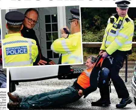  ?? ?? What a drag: Another activist is pulled clear. Inset: Rev Mark Coleman is spoken to by M25 police