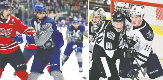  ?? PHOTOS: JOHN LAPPA FILES AND MINAS PANAGIOTAK­IS/GETTY IMAGES FILES ?? Quinton Byfield of the Sudbury Wolves, left, and Alexis Lafreniere of the Rimouski Oceanic are projected to be Top 5 picks in the 2020 NHL Draft, with Lafreniere the consensus choice to go No. 1 overall. There has been talk of changing the draft’s format if the regular season does not resume.