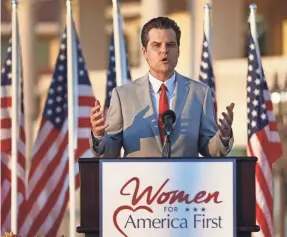  ?? JOE RAEDLE/GETTY IMAGES ?? Rep. Matt Gaetz, R-Fla., speaks during a “Save America Summit” at the Trump National Doral golf resort on April 9 in Florida.