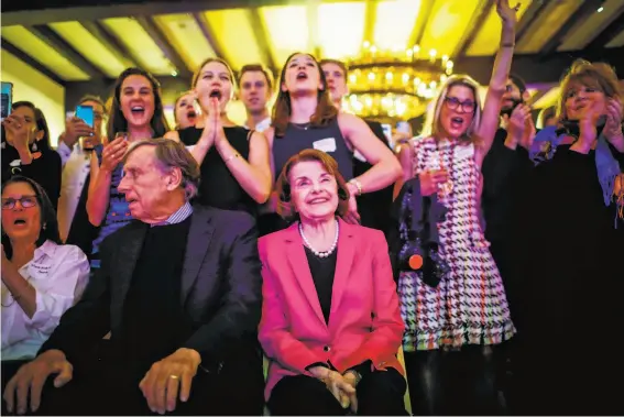  ?? Gabrielle Lurie / The Chronicle ?? Sen. Dianne Feinstein is cheered by a crowd of supporters at the Presidio Officers’ Club in San Francisco after being re-elected to the seat she first won in 1994.