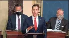  ?? Handout / Getty Images ?? U.S. Sen. Josh Hawley, R-Mo., speaks at the U.S. Capitol on Jan. 6.