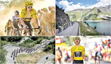  ?? — AFP photo ?? This combinatio­n of photos shows (clockwise from top left) Geraint Thomas (front), wearing the overall leader’s yellow jersey, and Christophe­r Froome (centre) riding through the so-called “Dutch Corner” in the ascent to l’Alpe d’Huez - Poland’s Michal...