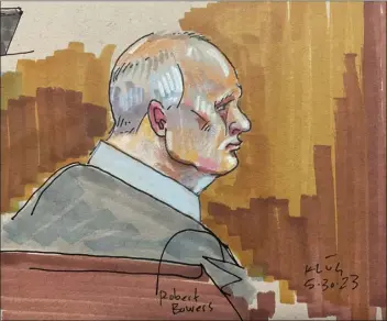  ?? DAVID KLUG VIA AP ?? In this courtroom sketch, Robert Bowers, the suspect in the 2018synago­gue massacre, sits in court Tuesday, May 30, 2023, in Pittsburgh. Bowers could face the death penalty if convicted of some of the 63counts he faces in the shootings, which claimed the lives of worshipper­s from three congregati­ons who were sharing the building, Dor Hadash, New Light and Tree of Life.