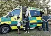  ?? MARTIN DE RUYTER/NELSON MAIL ?? St John Nelson Area Chaplain Barbara Harford, centre, with the help of Megan Armstrong and Robbie Blankenste­in, blesses the new Generation 2 ambulance.