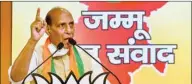  ?? PTI ?? Union Defence Minister Rajnath Singh addresses the ‘Jammu and Kashmir Jan-samvad’ virtual rally, at BJP HQ in New Delhi, on Sunday