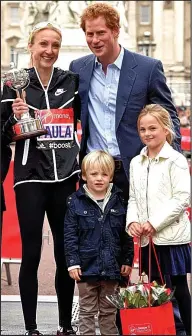  ??  ?? Crowning glory: Paula Radcliffe with Prince Harry Team Beckham: From left, Cruz, David, runner Romeo, Victoria and Brooklyn at the London Marathon finishing line yesterday